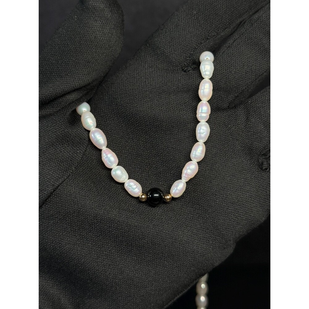 14K Gold Freshwater Pearl Onyx Endless Necklace 33 Inch 28.5g